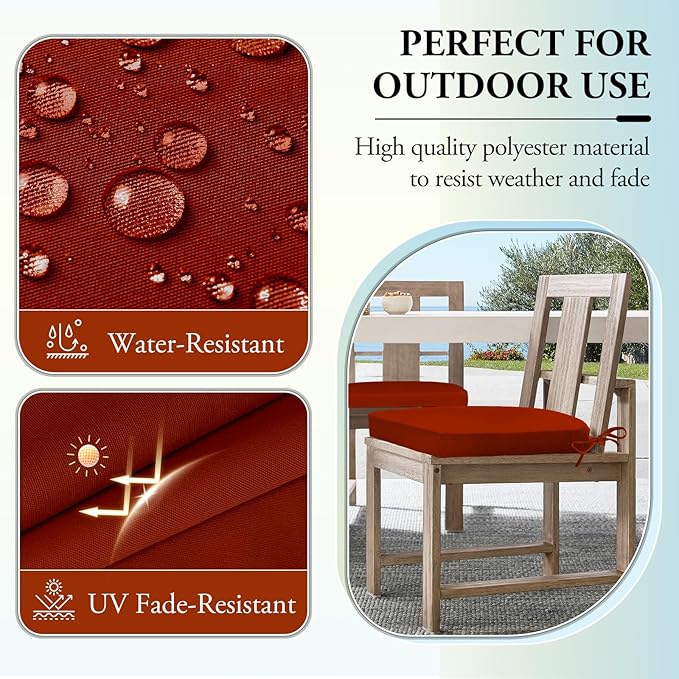 Wellsin Outdoor Chair Cushions for Patio Furniture - Patio Chair Cushions Set of 2 - Water Resistant Round Corner Outdoor Seat Cushions 17"X16"X2", Brick Red