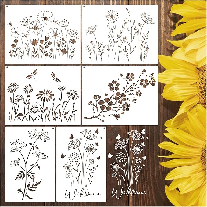 Large Wildflower Stencils for Painting on Wall Reusable, 15 Inch Spring Flower Dragonfly Stencils Floral Pottery Stencil Templates for Garden Walls Wood Canvas Fabric Home Decor