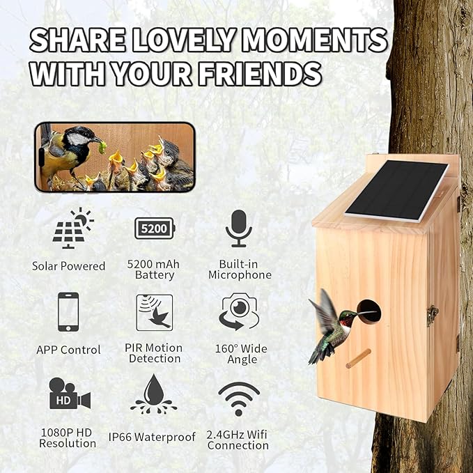 Smart Bird House with Camera Solar Powered, 1080p HD Wireless Outdoor Bird House with Auto Capture Bird Video & Motion Detection, Night Vision, A Bird Box for Wild Birds