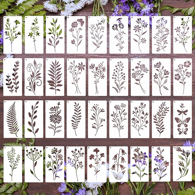36 Pcs Wildflower Stencils for Painting on Wood & Canvas, 6x3 Inch Reusable Botanical Stencils, Plastic Floral Templates for Scrapbooking, Journals, DIY Art Crafts and Home Ornaments