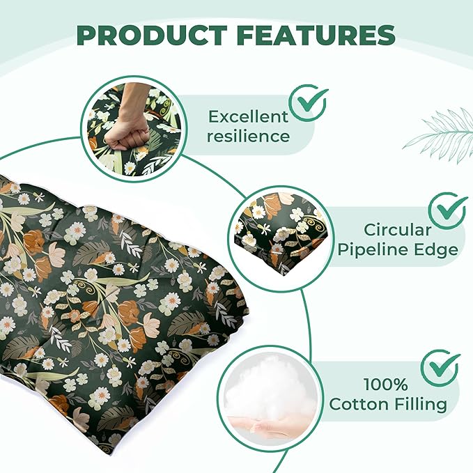 Wicker Chair Cushions of 5 Pieces, Waterproof Outdoor Loveseat Cushion for Wicker Furniture, 1 Love Seat Cushion, 2 U-Shape and 2 Lumbar Pillows for Patio Furniture (Black Flower)