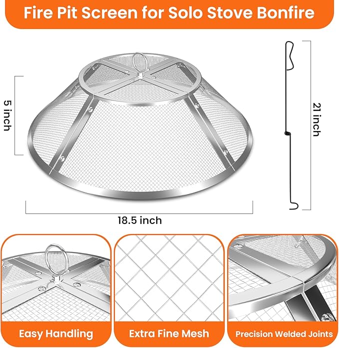 Fire Pit Spark Screen for Solo Stove Bonfire Accessories, 19.5 Inch Spark Shield for Solo Bonfire, Heavy-Duty 304 Stainless Steel Mesh Fire Pit Screen Cover with Removal Tools