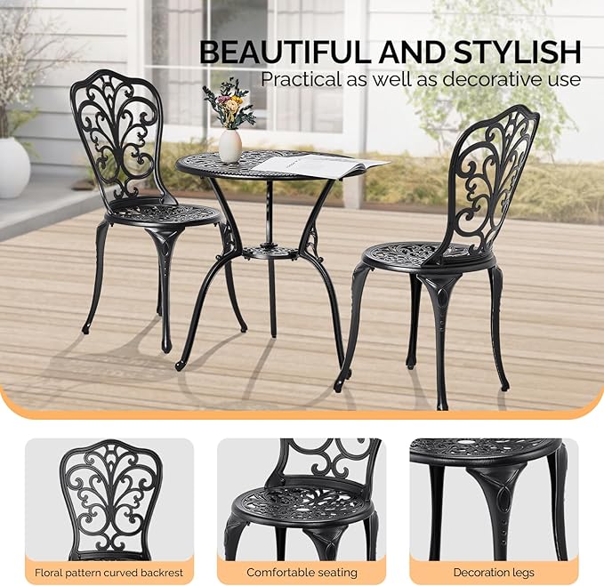 VINGLI 3 PCS Outdoor Bistro Set, Outdoor Patio Set, All-Weather Cast Aluminum Bistro Table Set, Bistro Table and Chairs Set of 2 for Backyard, Garden, Balcony (Black, Butterfly)