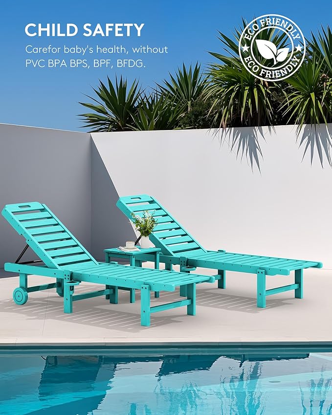 SERWALL Outdoor Chaise Lounge Set of 2, All-Weather HDPE Pool Lounge Chairs with 5-Position Adjustable Backrest, Rolling Wheels & Cup Holder for Poolside, Aruba