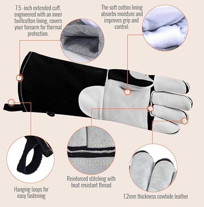 JKSafety Welding Gloves for Men,932°F Heat Resistant Gloves Mitts for Welders,Stick,Tig,Mig,Forge,Oven,Fireplace,Furnace