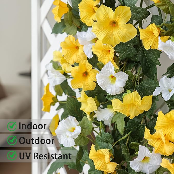 Mizii Artificial Petunias Flower Vines Garland 6 Feet Yellow Faux Morning Glory Silk Flowers Garland UV Resistant Fake Hanging Vines Plants Decorations for Outdoor Garden Indoor Home Decor (Yellow)