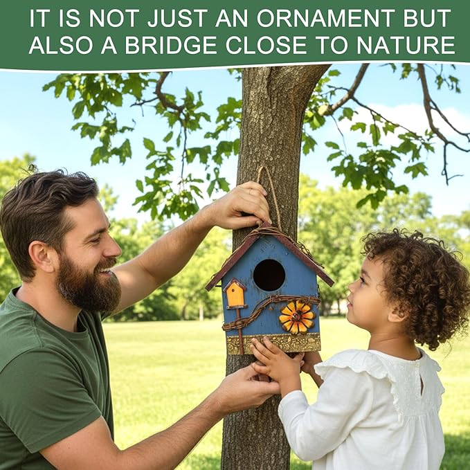 2 Pcs Decorative Birdhouse for Yard Outside Hanging Wooden Birdhouse Hand Painted Bird Box for Bird Lovers Bluebird Tree Swallow Wild Chickadee Garden Decor(Red,Blue,Wooden Roof)
