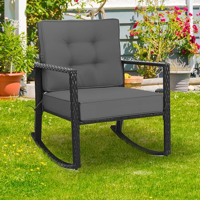 Tangkula Wicker Rocking Chair, Outdoor Glider Rattan Rocker Chair with Heavy-Duty Steel Frame, Patio Wicker Furniture Seat with 5” Thick Cushion for Garden, Porch, Backyard, Poolside (1, Gray)