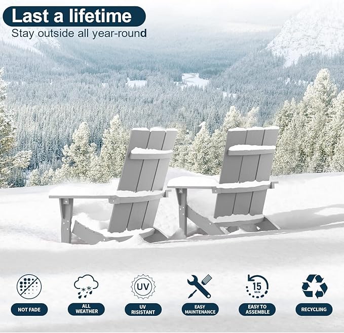 MXIMU Modern Adirondack Chairs Set of 8 Weather Resistant with Cup Holder Oversize Plastic Fire Pit Chairs Plastic Outdoor Chairs for Firepit Area Seating (Grey)