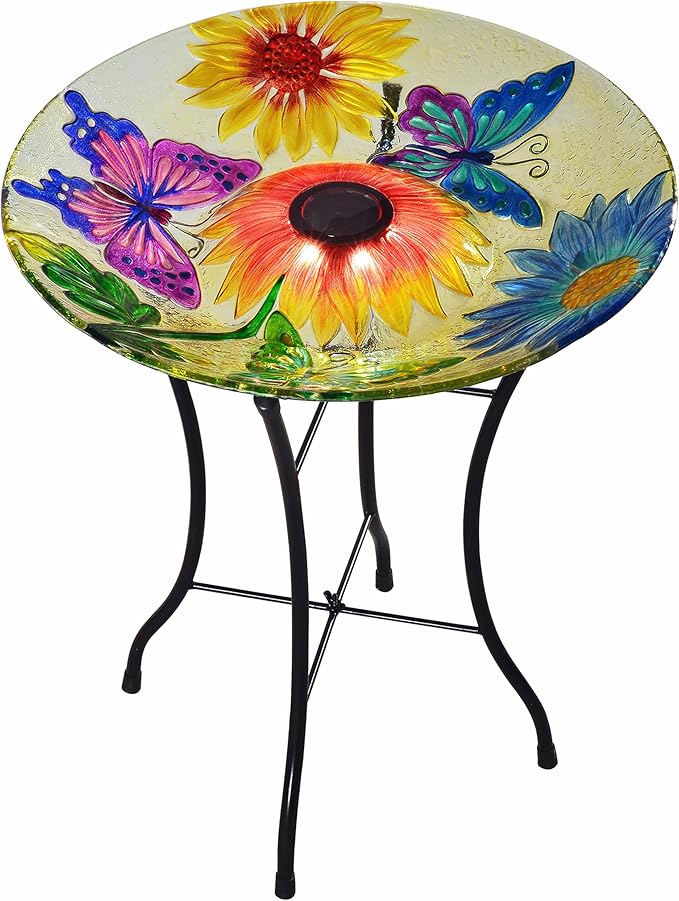 Teamson Home Handpainted Butterfly Fusion Glass Solar Birdbath Bowl Feeder with LED Light for Outdoor Patio Garden Backyard Decking, 21 Inch Height, Yellow