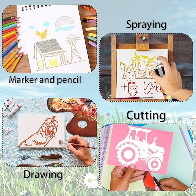 15 Piece Farmhouse Stencils - Reusable Farm Animal Stencils Template for Painting on Wood, Furniture, Fabric, Wall & DIY Crafts (Chicken, Cow, Pig, Horse)