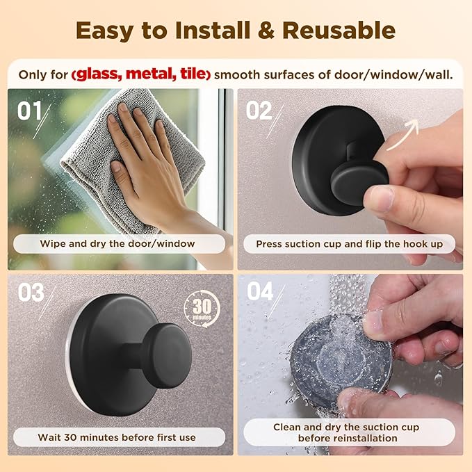 OUTXE Wreath Hanger for Front Door, Heavy Duty Suction Cup Reef Hook for Glass Window/Over Door, Christmas/Thanksgiving/Halloween/July 4th/Easter/Valentine/Winter/Fall/Summer/Spring (Black, 4-Pack)