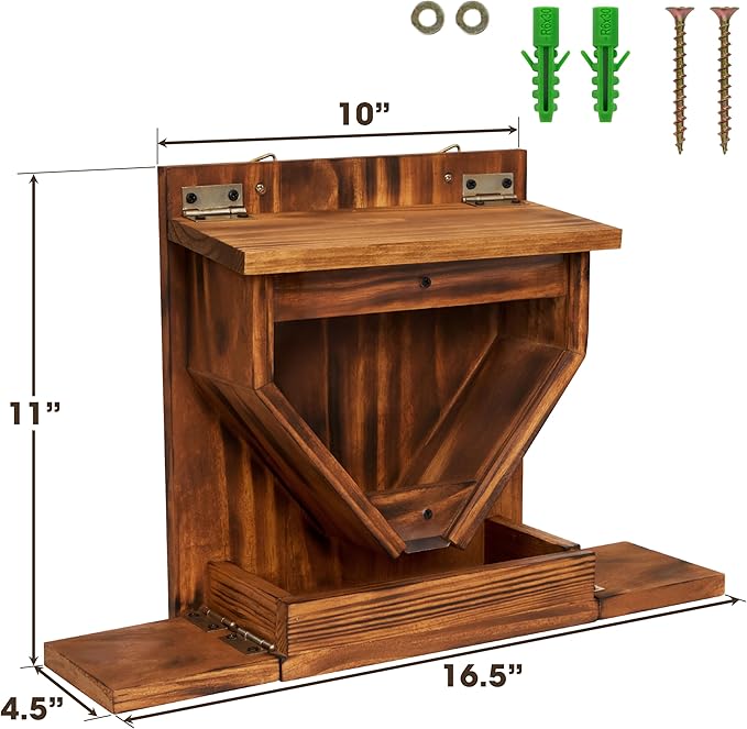 MIXUMON Wood Squirrel Feeder, Funnel Squirrel Feeders for Outside Winter, Wooden Chipmunk Feeder for Corn, Peanuts, Durable Box Easy to Fill with Removable Top Panel