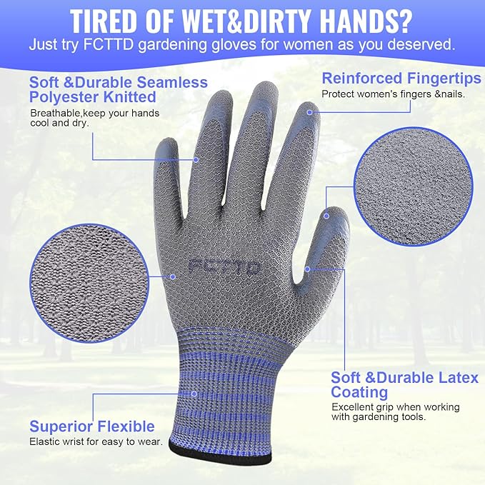 Gardening Gloves for Men 6 Pairs, Garden Gloves for Pruning Flower Rose, Weeding, Digging, Raking, Flower gloves with Rubber coating (Medium, Grey)