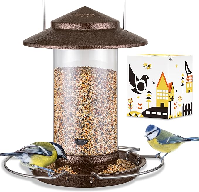 iBorn Bird Feeder Metal Squirrel Chew-Proof Bird Feeders for Outdoors Hanging Outside for Cardinal, Holds 1.5LB Seed with 3 Perchs, Brushed Coffee (Seed is not Included)
