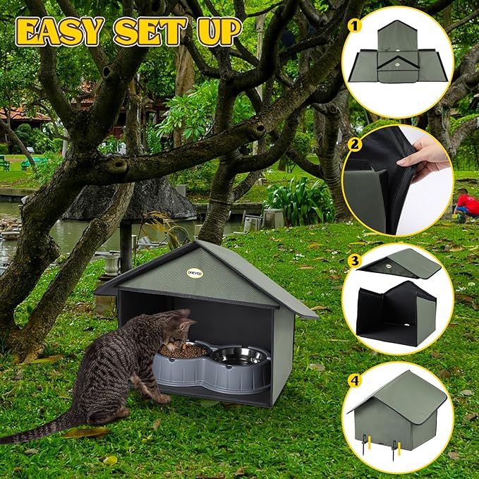 Dreyoo Outdoor Cat Feeding Station for Food & Water, Weatherproof Outdoor Kitty Dining Room Cat Shelter for Stray, Feral Cats and Community Cats, 13”d x 17”w x 15.5'h(1 Pack,Dark Green)