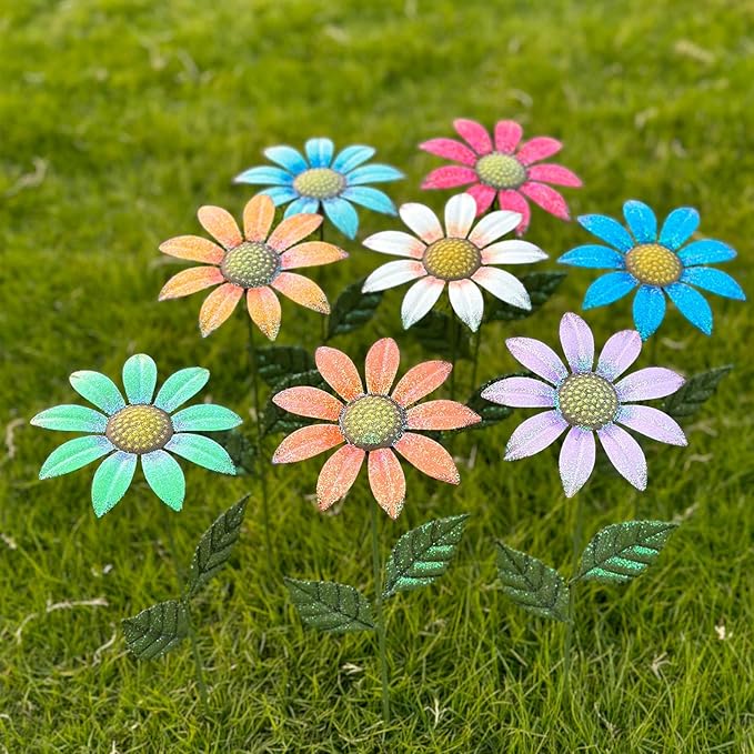 Metal Flowers for Outside,8 Pack 16.15" Decorative Garden Stakes with Swaying Flowers Head Yard Art,Spring Garden Decor for Lawn, Pathway & Garden