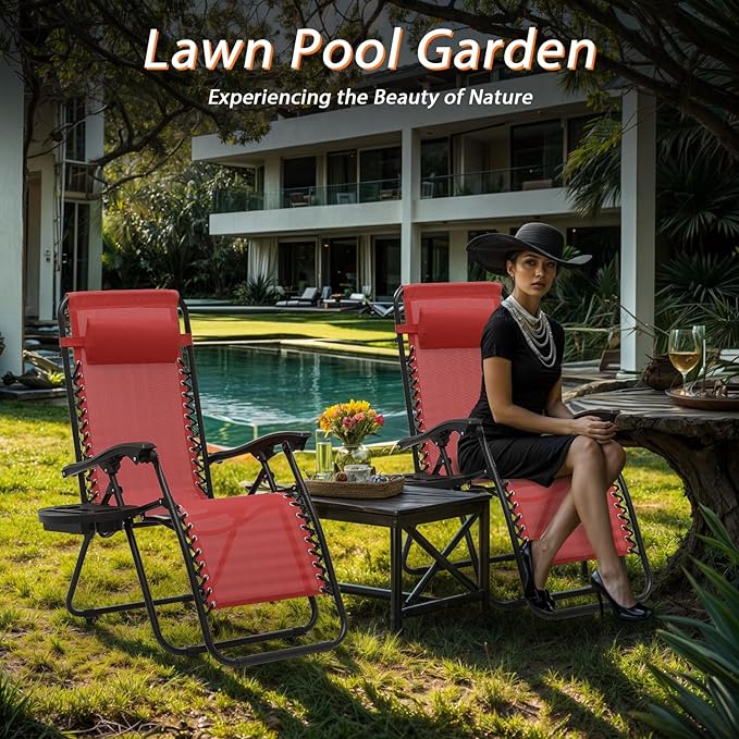 Zero Gravity Chairs, Portable Folding Reclining Lounge Chairs with Adjustable Pillow and Cup Holder Trays for Outdoor, Patio, Beach, Camping, Garden, Poolside, Wine Red