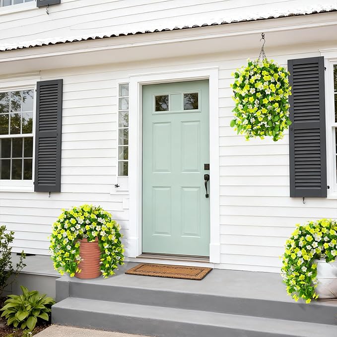 2 Pack Artificial Hanging Flowers, Fake Flowers Hanging Plant Violet Flower, Artificial Faux Silk Spring Flower for Wall Front Door Yard Garden Wedding Outdoor Decoration(Yellow White)