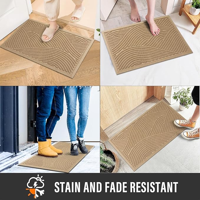 Sturdy Front Door Mat, Absorbent Muddy Dirt Resist Welcome Door Mats Outdoor Indoor, Stain and Fade Resistant, Non-Slip Backing Entry Mat Low Profile Doormat for Entryway, 36×24, Beige