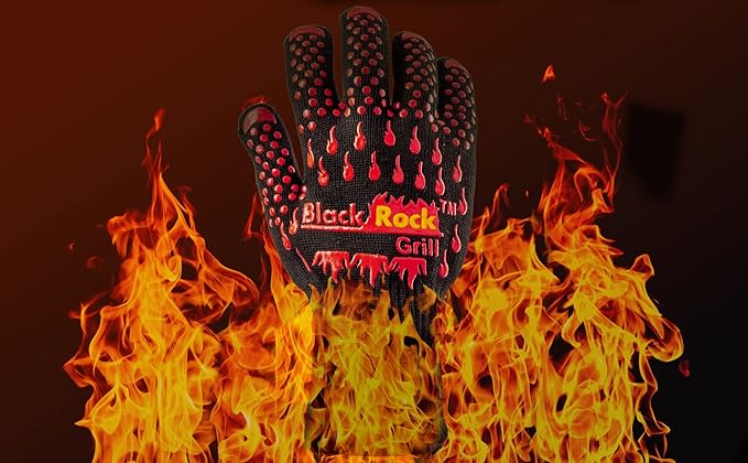 Black Rock Grill Fire & Heat Resistant Cooking Gloves 923F -28cm Silicone Safety Oven Mitts with Fingers- Gloves for Grilling, BBQ, Fireplace, Lava Stones, EN407,EN388, EN ISO 21420 Certified (Medium)