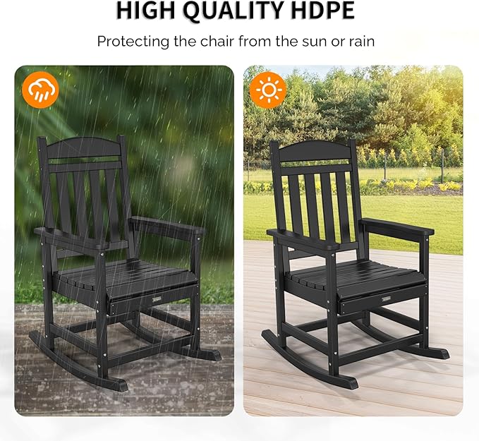 VINGLI Outdoor Rocking Chair, HDPE Rocking Chair with Higher Backrest, All Weather Rocker for Garden, Yard, Balcony, Black