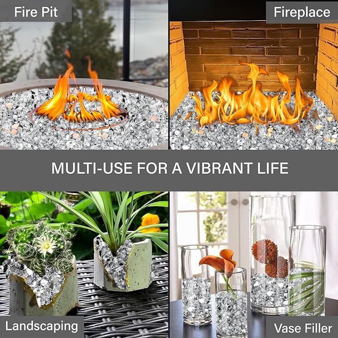 NUPICK 20 Pound Fire Glass, 1/4 Inch Reflective Fire Pit Glass, Tempered Firepit Glass Rock for Propane or Natural Gas, Glass Rocks for Fire Pit Table, Fireplace Glass for Landscaping, Clear