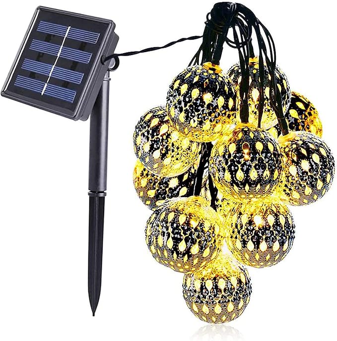 Dephen Solar String Lights - 15ft Outdoor 20LED Christmas Lights, Waterproof Warm White Moroccan for Patio Garden Party Festival Xmas Tree