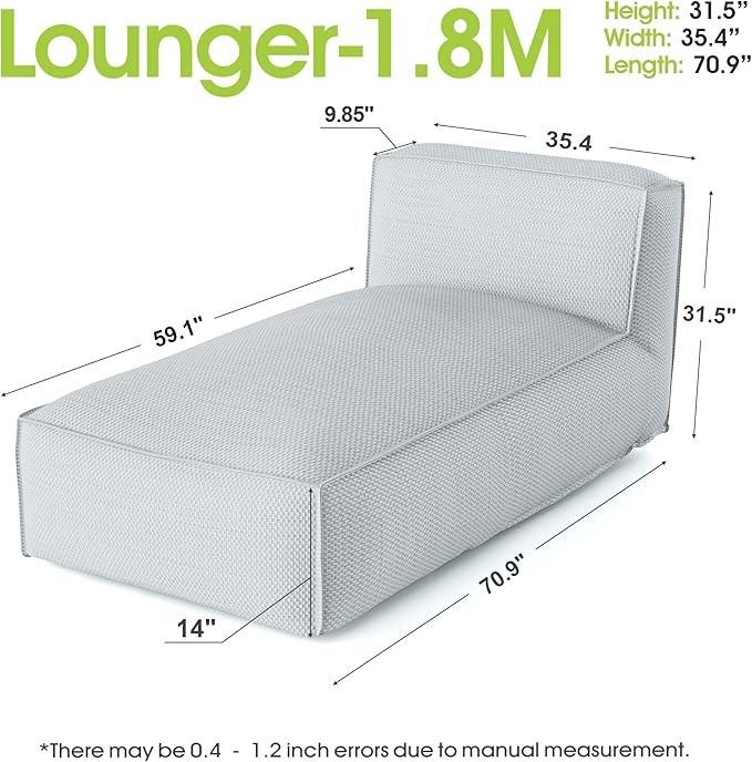Outdoor Bean Bed Chair Sun Lounger, Outdoor Couch Sofa for Patio & Pool, Foam Filling Day Bed Furniture, Comfy Lazy Sofa for Outside, Water-Resistant Seating (Higher Back Light Gray, 70'' L)