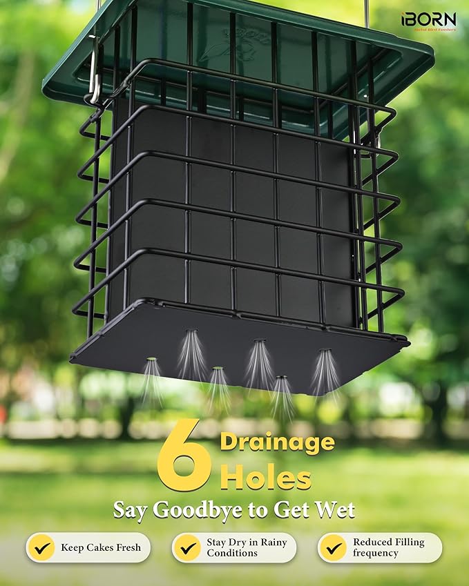 iBorn Double Suet Feeder- Metal Roof Bird Feeder with Taller Grid for Woodpeckers, Suet Cake Cage Bird Feeder for Outdoors Hanging,Easy-Clean & Refill,Green (1 Pack)