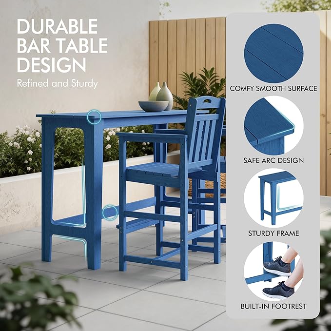 Ciokea 3 Pcs Outdoor Bar Height Table Set, 60" Extra Long Rectangle High Top Table and 2 Oversized Adirondack Chairs, Heavy-Duty All-Weather HDPE Patio Bar Set for Backyard Balcony Deck, Navy Blue