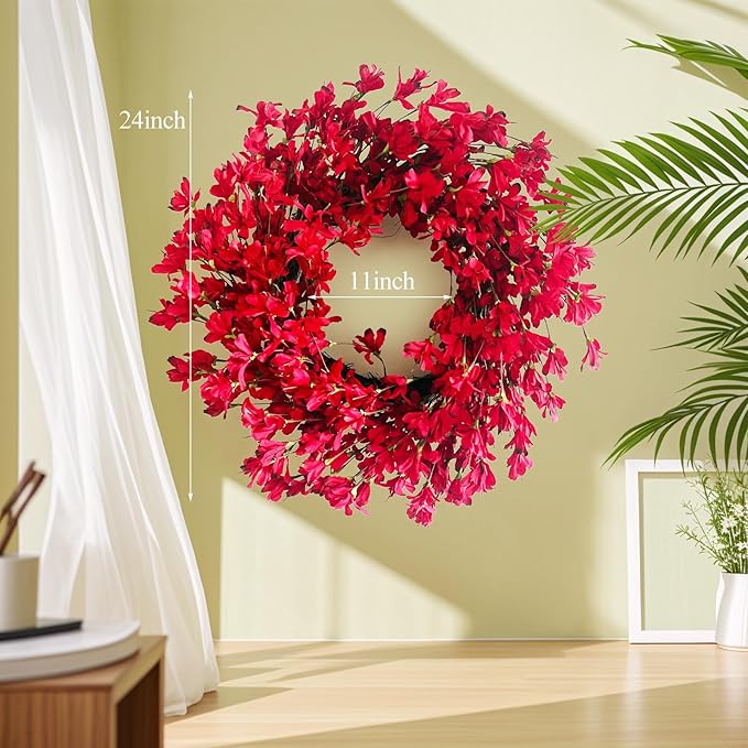 Spring Wreath for Front Door, 24 Inch Spring Red Forsythia Wreath Blossom Cluster Flower Farmhouse Wreath on Grapevine for Festival Celebration Front Door Wall Window Decoration Home Decor