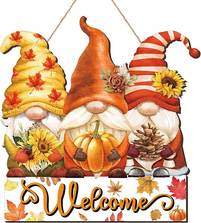 Boao Thanksgiving Welcome Sign Gnome Hanging Door Decor Fall Wooden Sign Autumn Door Decorations Pumpkin Maple Leaves Hanger for Outdoor Farmhouse Porch