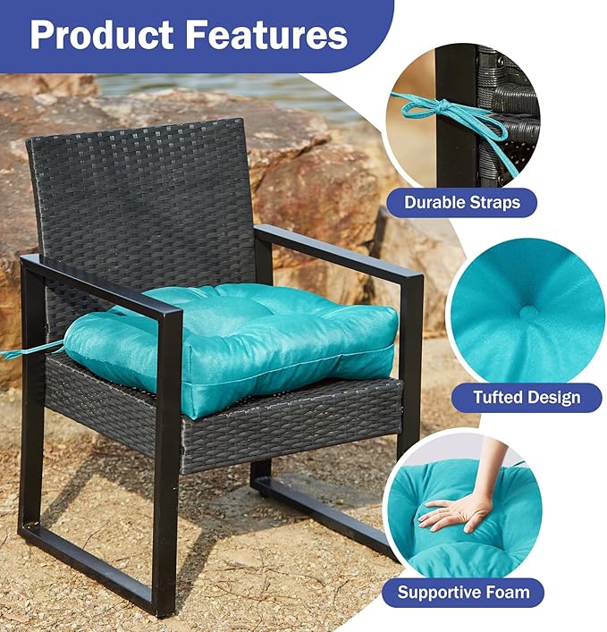 Outdoor Chair Cushions Set of 2, Patio Chair Cushions with Ties, 19x19+5” Tufted Outdoor Seat Cushions, Waterproof Patio Furniture Cushions, Outdoor Dining Chair Pads, Teal