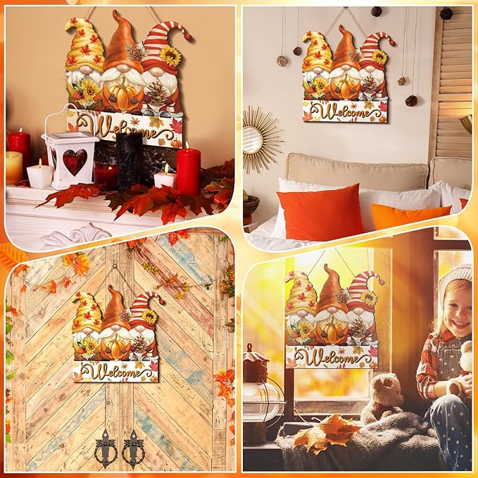 Boao Thanksgiving Welcome Sign Gnome Hanging Door Decor Fall Wooden Sign Autumn Door Decorations Pumpkin Maple Leaves Hanger for Outdoor Farmhouse Porch