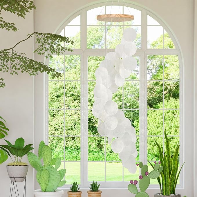 Seashell Wind Chimes for Outside - Handcrafted White Spiral Shape Capiz Shells Windchime Coastal Style Decor for Indoor/Outdoors, Garden & Beach Hanging Decor for Wind Chimes Lovers and More