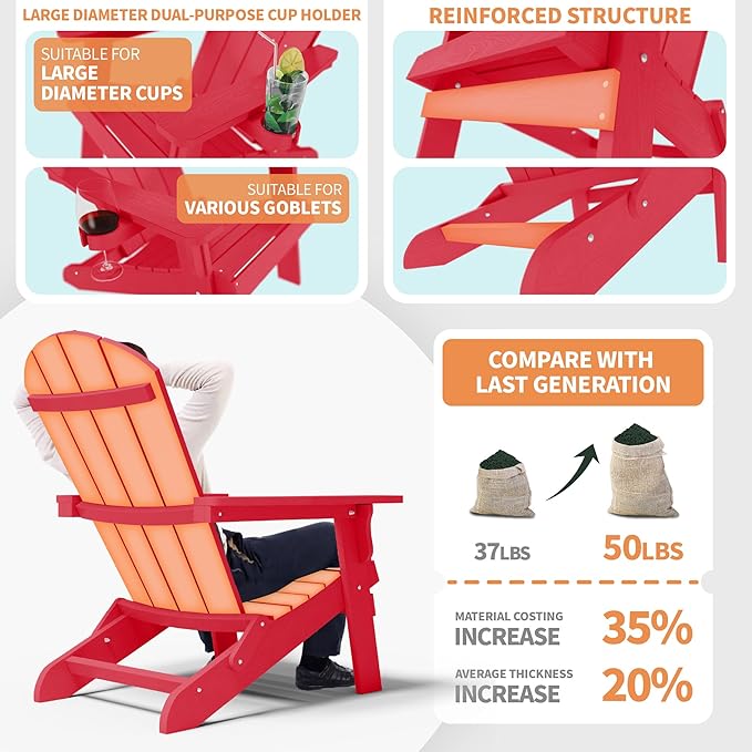 YEFU Adirondack Chair, Oversized Plastic Adirondack Chairs Folding Outdoor Chairs with Cup Holder, Lawn Chair with Weather Resistant for Outside Deck Lawn Garden, Weight Capacity Up to 400 Lbs(Red)