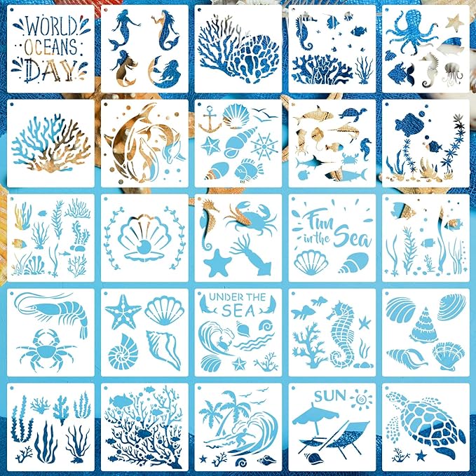 25 PCS Sea Ocean Creatures Stencils Ocean Templates for Painting Sea Animal DIY Pattern Templates Mermaid Stencils for Wall Floor Wood Scrapbooking Drawing Tracing Crafts Projects 5.9 x 5.9 Inch