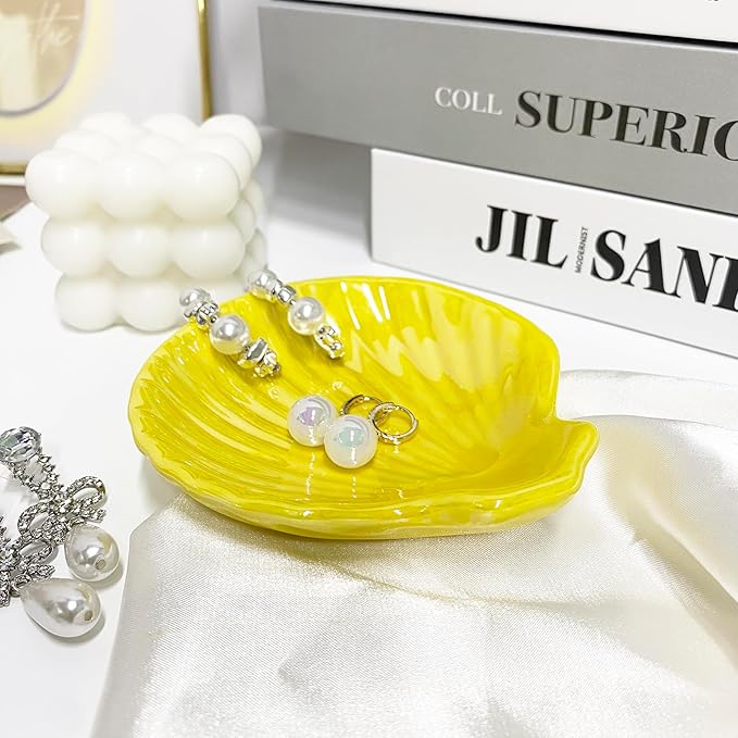 Shell Trinket Dish, Ceramic Jewelry Dish Tray, Cute Organizer Plate for Jewelry, Seashell Jewelry Ring Holder, Birthday Mother's Day Christmas Gift for Women, 3.9", Bright Yellow Iridescent Surface