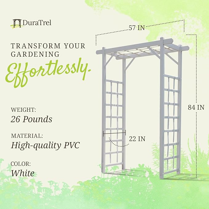 Dura-Trel Elmwood Arbor, Vinyl Garden Archway for Outdoors, 57" x 85", White - Backyard Decorative Arch for Pathways & Entrances w/ Trellis Sides for Climbing Plants, Vines & Flowers