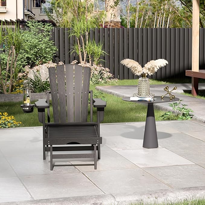 Folding Adirondack Chair with Retractable Ottoman Set of 2, All Weather Fire Pit Chairs with Cup Holder, Outdoor Chair with Ottoman,Black