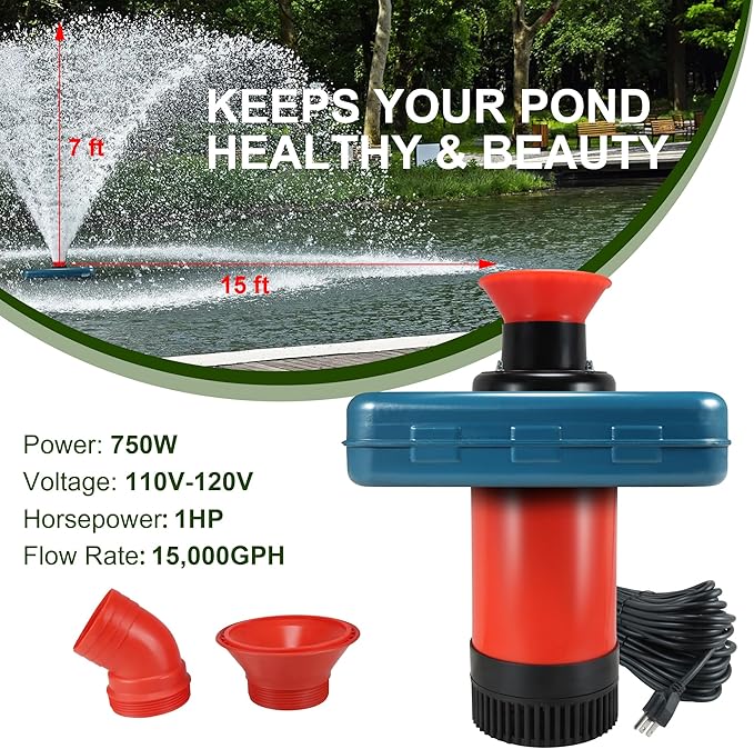 Pond Fountain Aerator, AS1 1HP 750W 15000GPH 110V High Flow Floating Water Fountain Pump With 100ft Power Cord, Thickened Body Aerating Fountains Cascade for Large Small Pond/Lake (No Timer)