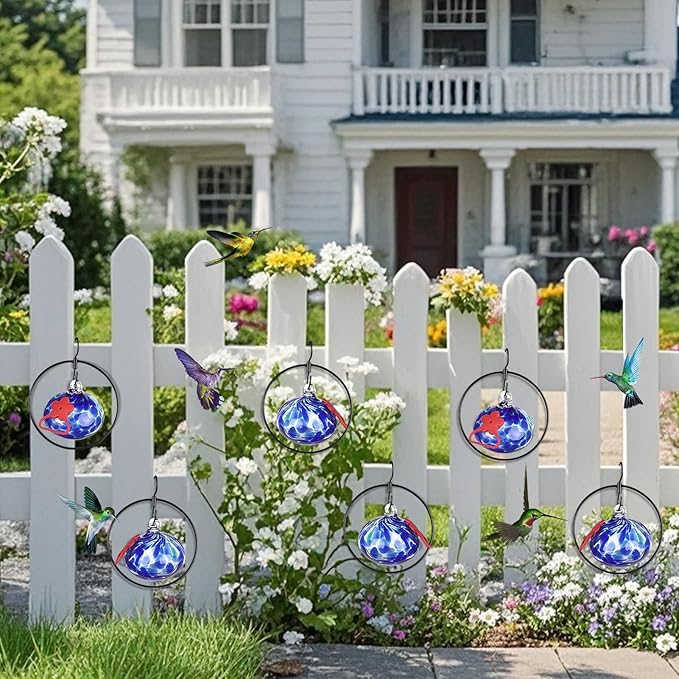 Flexible 6 Pack Hummingbird feeders for Outdoors Hanging Ant and Bee Proof,Detachable Hand Blown Glass Hummingbird Feeder with 6 Adjustable Silicone Perch(Dotted Blue)