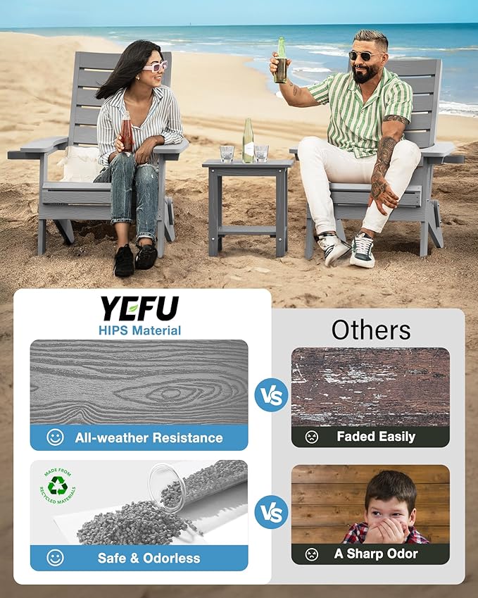 YEFU Adirondack Chair, Folding Adirondack Chairs Set of 4 with Arc Back & Cup Holder, Weather Resistant Plastic Oversized Chair for Outdoor Patio Lawn Garden Backyard Deck Fire Pit, Grey