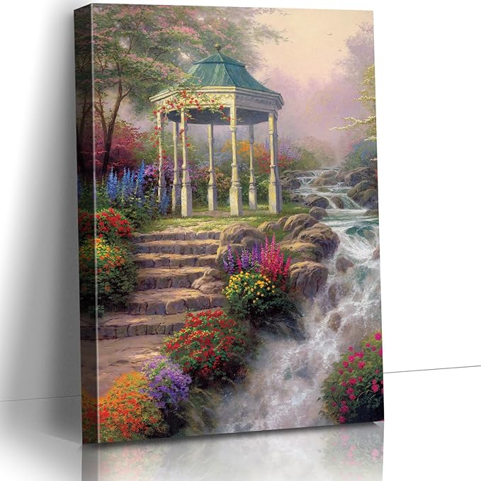 STUDIO HAVEN Thomas Kinkade Canvas Wall Art, Ornate Garden Pavilion Cascading Stream Colorful Wildflowers Oil Painting Poster Tranquil Nature Wall Decor, Framed Prints for Home Decor, 16x24Inch