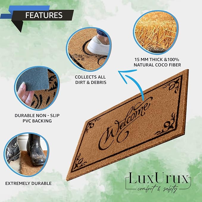 LuxUrux Coco Coir Welcome Mat - Heavy-Duty Backing, 17'' x 30'' Natural Door Mat - Easy to Clean, Beautiful Color for Outdoor and Indoor Use - Home Decor