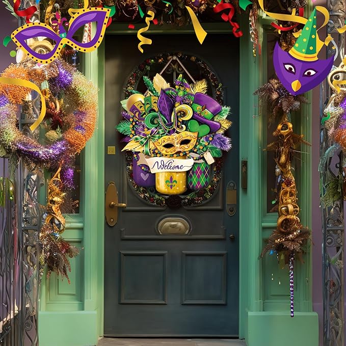 Boao Welcome Mardi Gras Door Decorations Mardi Gras Sign Hanging Decoration wall Hanger Masquerade Carnival Wreath for Outdoor Farmhouse Porch Front Door Decor