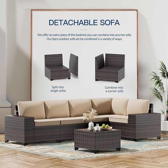 Kullavik 10PCS Outdoor Patio Furniture Set,PE Wicker Rattan Sectional Sofa Patio Conversation Sets with 43" 55000BTU Gas Propane Fire Pit Table,Swivel Rocking Chairs Set,Sand