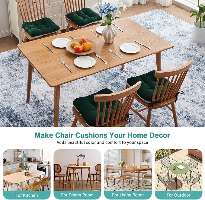 BETU Chair Cushions for Dining Chairs Set of 4,3.5" Thick Kitchen Table Chair Pads with Ties,Non Slip Backing and Covers, Seat Cushion for Dining Room,Bar,Patio Chairs,16"X16"X3.5",Dark Green