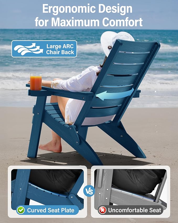 YEFU Oversized Folding Adirondack Chair: Plastic Outdoor Heavy Duty Fire Pit Chair with Comfort Arc Backrest & Cup Holder - All Weather HIPS Adirondack Chairs for Lawn Backyard Garden Navy